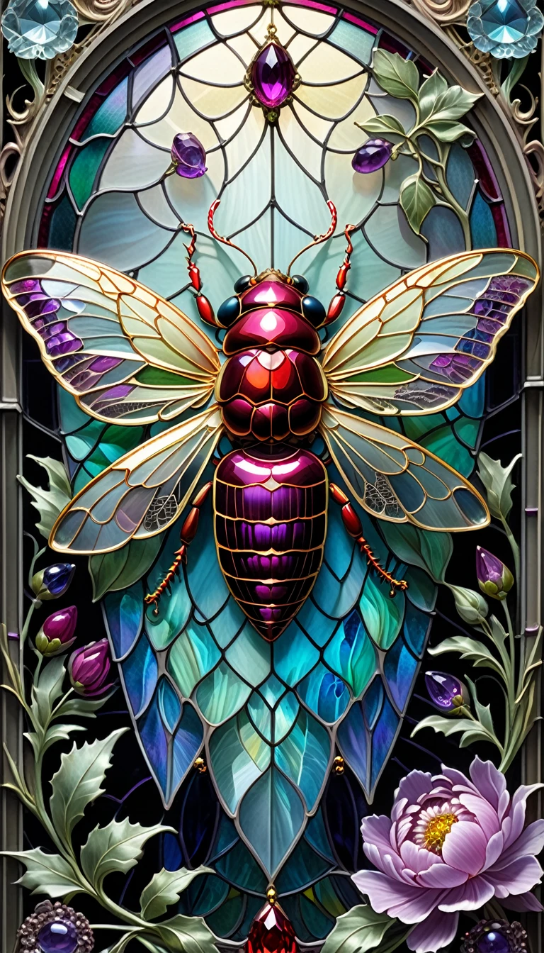 triadic colors, cinematic, official art, close fairytale transparent glass cicada ruby peony flowers, ice hoarfrost, baroque, Craola, highly detailed stained glass wings, amethyst crystals, labradorite iridescent crystals, Andy Kehoe, John Blanche, complex highly detailed background, child book detailed illustration, fantasy, filigree, filigree detailed, intricated, cute