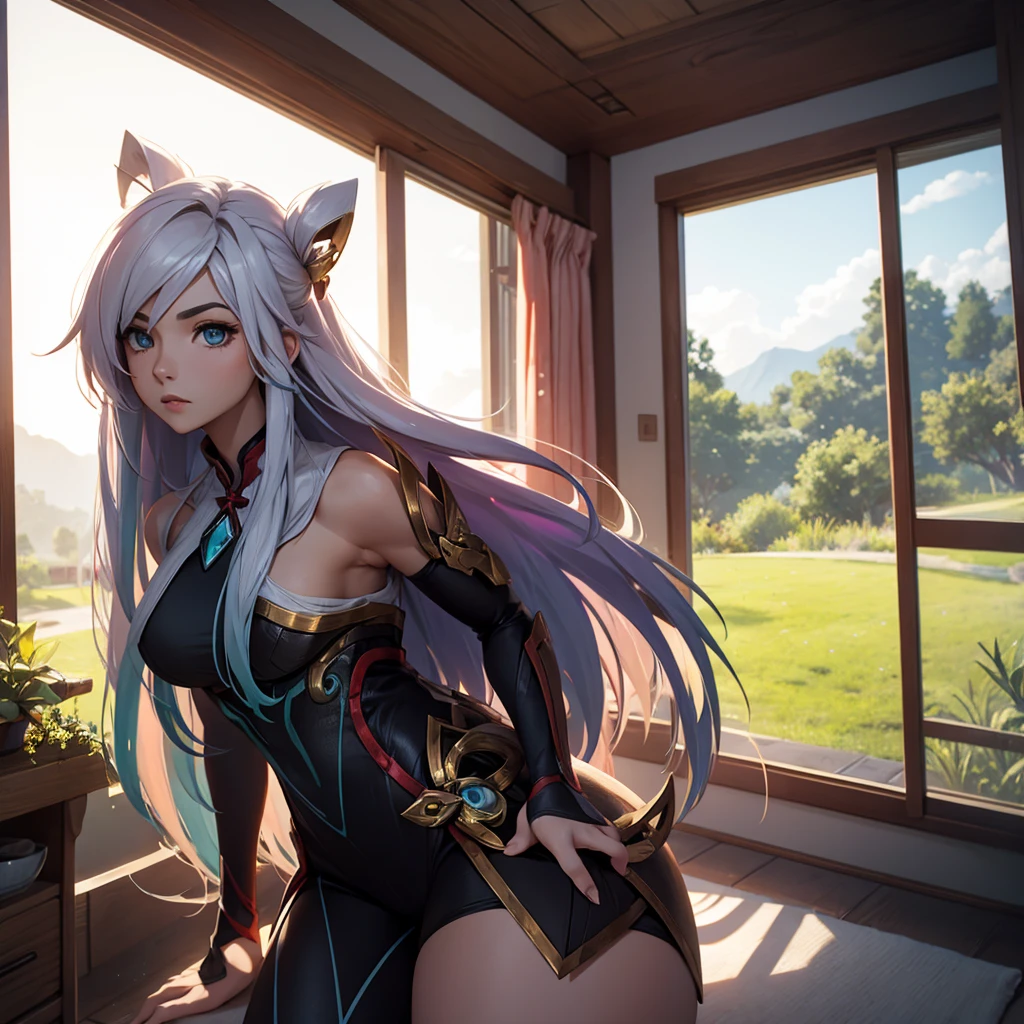 Make a girl in a futuristic setting in a house in the countryside. She must look like the character Irelia from League of Legends 