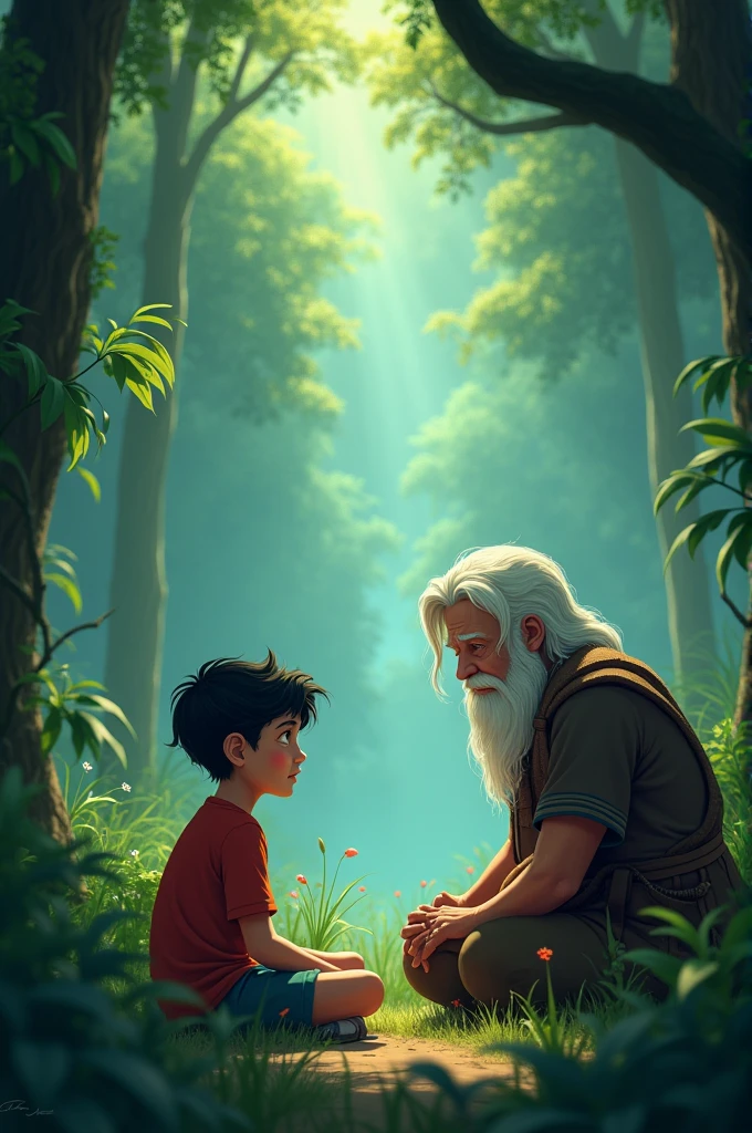 Chiku Expressing His Fears:

Prompt: "³aran, who listens attentively with a calm and reassuring demeanor. The background is the lush jungle with a hint of danger lurking in the shadows."