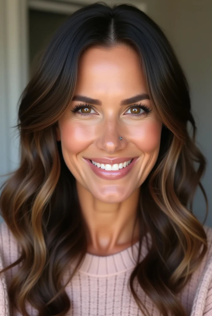 Ai generated image of Joanna Gaines with a tiny nose stud in her left nostril piercing should be in left nostril.
