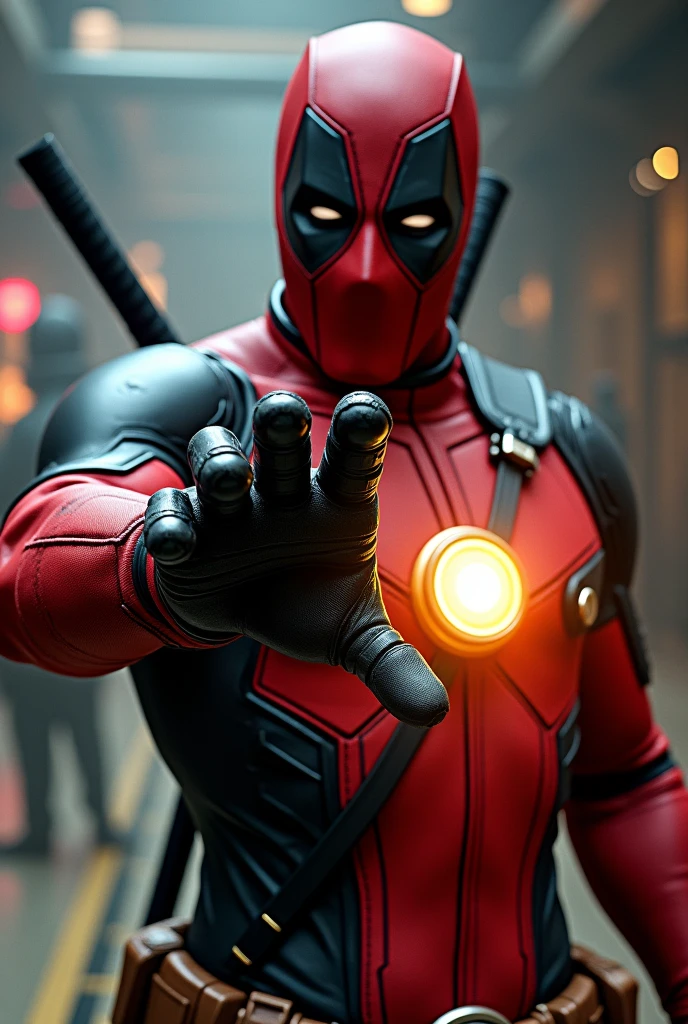 Deadpool grabbing the arc reactor with his hand

