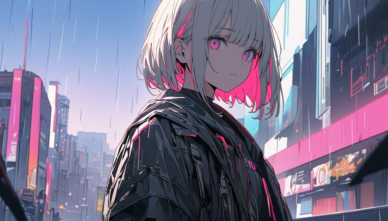 ((masterpiece)), ((Highest quality)), (Super Detail:1.2), (High resolution:1.3), ((Very detailed)), (8k), (Professional photography:1.2), (so beautiful:1.2), (Absurd:1.2), (Flat Color), (Flat Shading), (Sharp focus), (Perfect light), (Cast a Shadow), (()), Cute young, Shine shorthair, (Loose bangs),rain、Strong cyberpunk、Standing in the distance、I turn around City