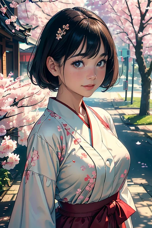 (best quality, 4k, 8k, highres, masterpiece:1.2), ultra-detailed, (realistic, photorealistic, photo-realistic:1.37), HDR, UHD, A girl in a 1960s vintage photo, portrait of a Japanese woman in Tokyo with cherry blossoms, Agfa camera, Kodak film, looking at viewer, smiling, octane render, solo