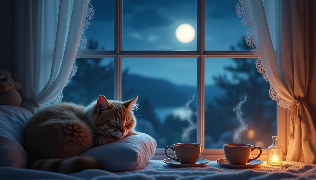 Cat sleeping on pillow, steaming tea, ,A window with a beautiful view, Night Sky, moon.