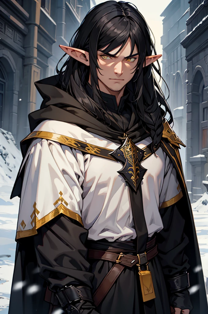 Man, black armor. black cloak. black hair, Parted bangs. yellow eyes. elf ears, winter background, stern looks, males, shoulder length hair, black stubble 