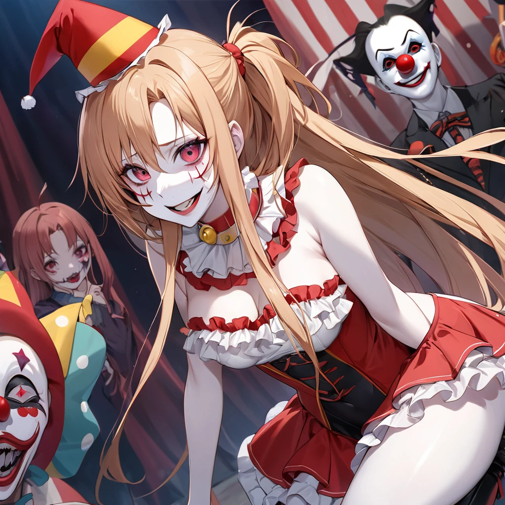 ((Highest quality)), ((masterpiece)), (detailed), （Perfect Face）、((The woman is Yuuki Asuna, with light brown, medium-long hair, pure white skin, and a creepy clown mask.))、The woman is an evil clown wearing a risque black rubber V-neck leotard, long black rubber boots, long black rubber gloves, lots of frills and clown decorations, a clown collar, a clown jester hat, a swallowtail skirt, and makeup on her clown face and red nose.、The woman is a wicked and lewd clown, a minion of an evil organization.、The woman is performing a clown strip show in an evil circus.