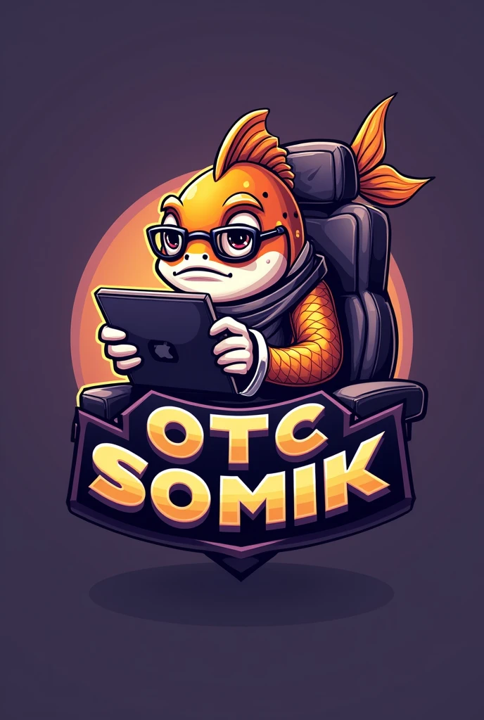 Create a logo for a man about a PUBG Mobile player with the nickname OTC SOMiK. The logo should show a fish playing PUBG Mobile on an iPad. The fish is sitting in handcuffs on a gaming chair with glasses. The logo must contain the inscription OTC》SOMiK. The colors are purple and gold