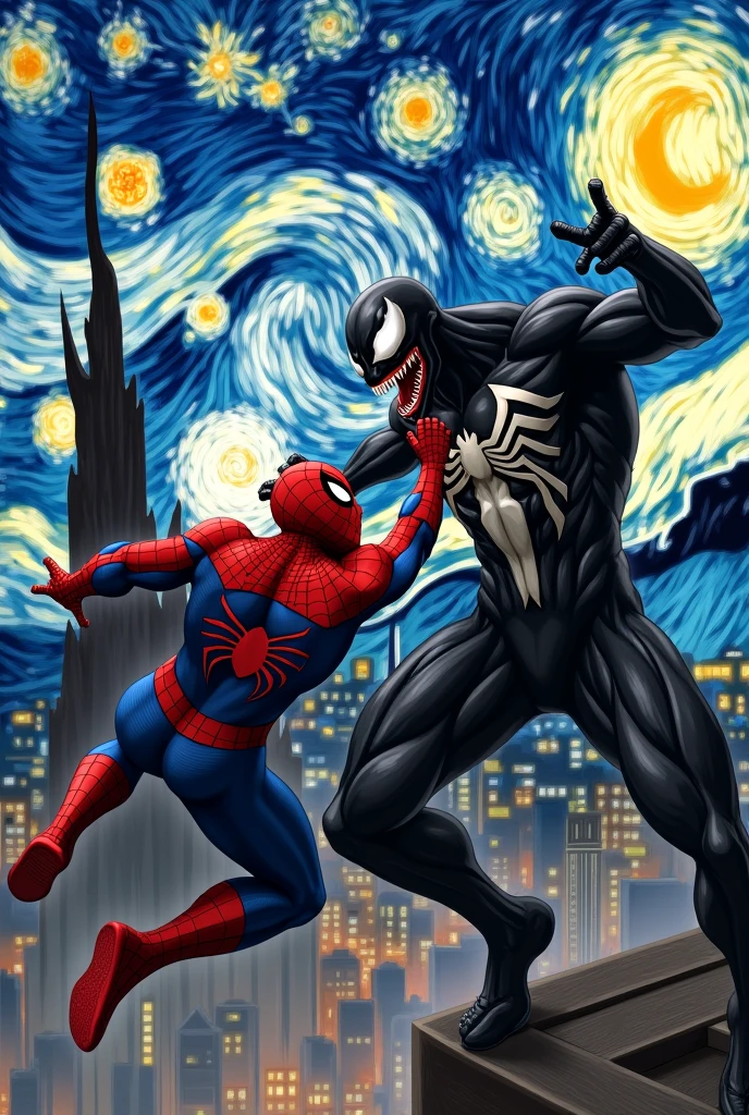 Spider-man, on top of a building, fighting Venom and behind the scene is the Van Gogh painting "stary night"