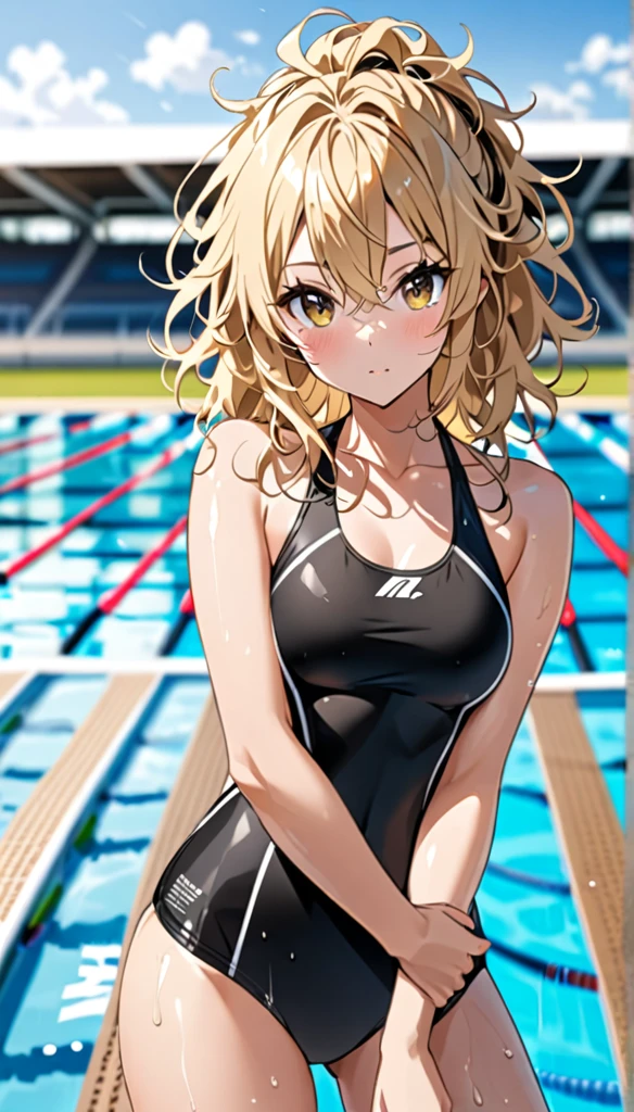 Beautiful and blond, messy hair, wearing all black, free arms, swimsuit, looking at the viewer, blurred pool background with race track 