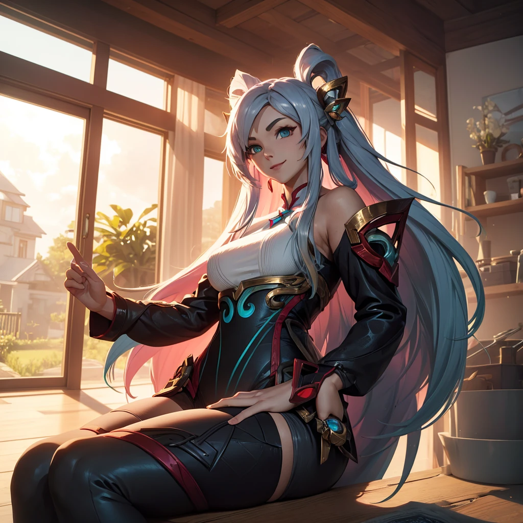 Make a girl in a futuristic setting in a house in the countryside. She must look like the character Irelia from League of Legends. She must be sitting and smiling!