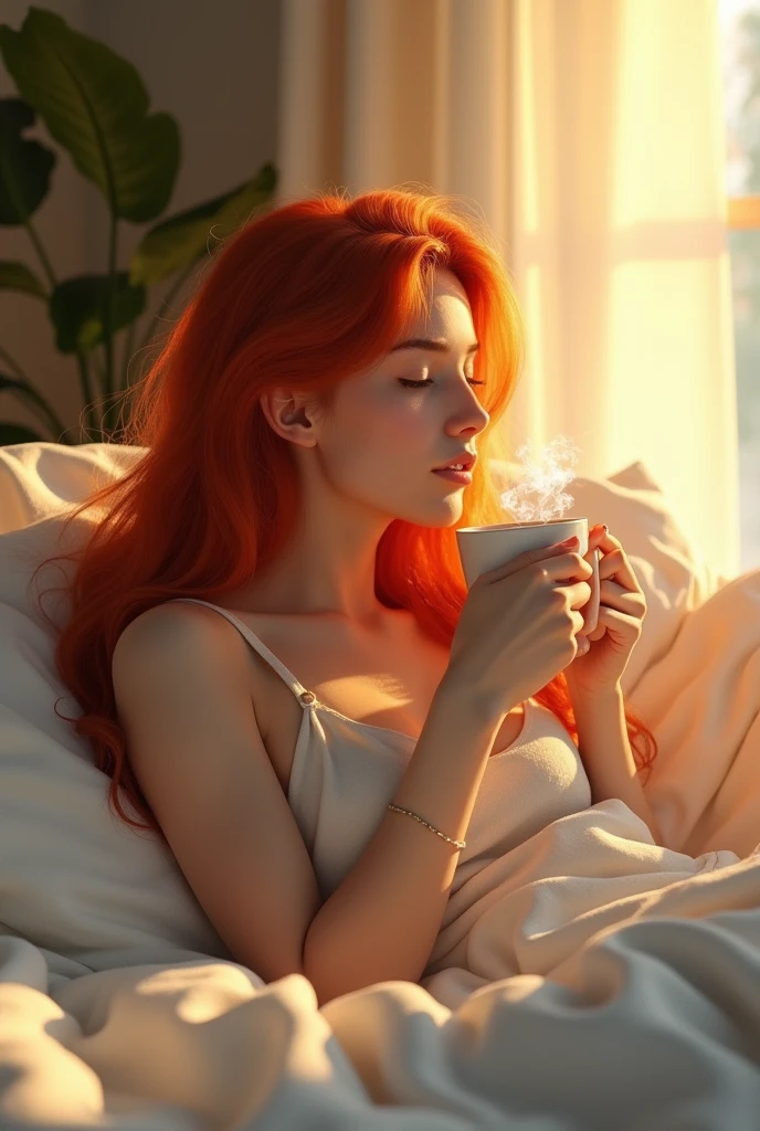 25 year old redhead woman having coffee in bed, illuminated by the rays of the sun, angle de vue large, realistic style