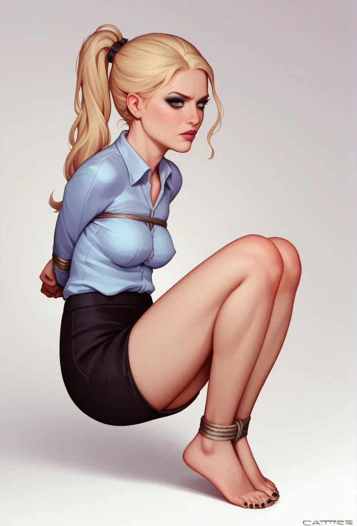 masterpiece, best quality, 1girl, charlottepickles, blonde hair, ponytail, makeup, office suit, simple background Knees clenched together, Tense posture, bites his lower lip, anatomically correct, Realistic, side-view,(((,barefoot))), 5 toes, black toe nails, Focus full body, tied ankles together, tied arms, solo, on dungeon, 