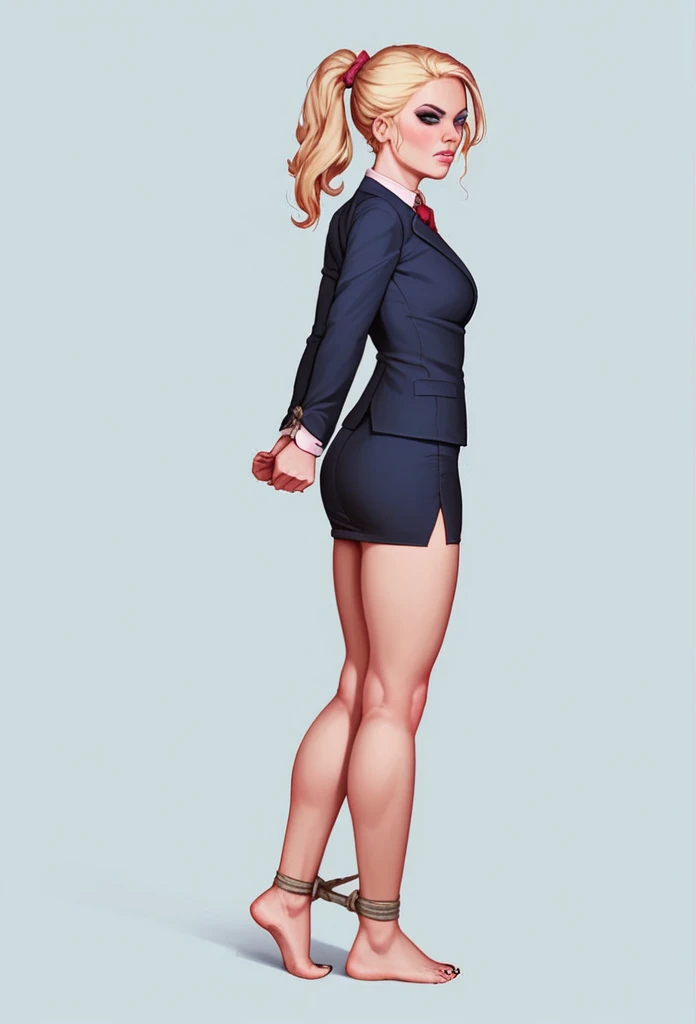 masterpiece, best quality, 1girl, charlottepickles, blonde hair, ponytail, makeup, office suit, simple background Knees clenched together, Tense posture, bites his lower lip, anatomically correct, Realistic, side-view,(((,barefoot))), 5 toes, black toe nails, Focus full body, tied ankles together, tied arms, solo, on dungeon, 