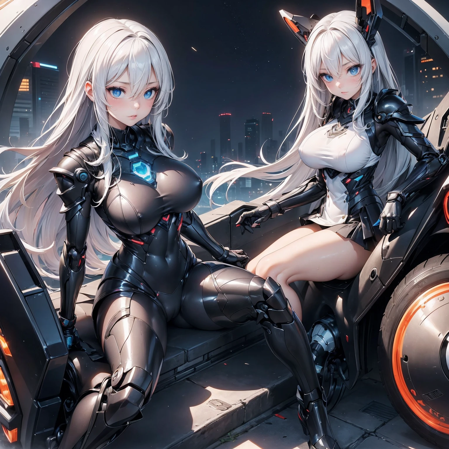 (Absurd Resolution:1.2), (ultra delicate:1.2), (masterpiece:1.2), (Photorealistic), (top-quality), (A girl and Animal Robot, Sitting next to each other in the center of the image), futuristic cyberpunk setting, intricate details, BREAK (cute 1girl), (), (finely detailed eyes and finely detailed face:1.2), BREAK (ultra fine-blue-cute-eyes:1.3), (Expression ultra detailed glowing Pupil), (ultra detailed Expression eyelashes), (ultra delicate Long Straight Hair white hair, hairs between eyes), (beautiful Glossy lips), BREAK (slim body and gigantic breasts:1.3), narrow waist, leggy, curvy is body without muscles, (Shiny realistic pale skin texture:1.2), (sweaty skin:1.0), precise anatomy, (4 defined fingers), (1 defined t thumb), breathtaking expression, BREAK (intricate black-Mechanical-Armor-dress, bare-Thighs:1.2), glowing energy orbs, BREAK Seductive pose, (Crisp focus, eye focus:1.2), (full body shot, shoot from front, high angle shot), BREAK cinematic composition, vibrant colors, Animal Robot watching over the girl,