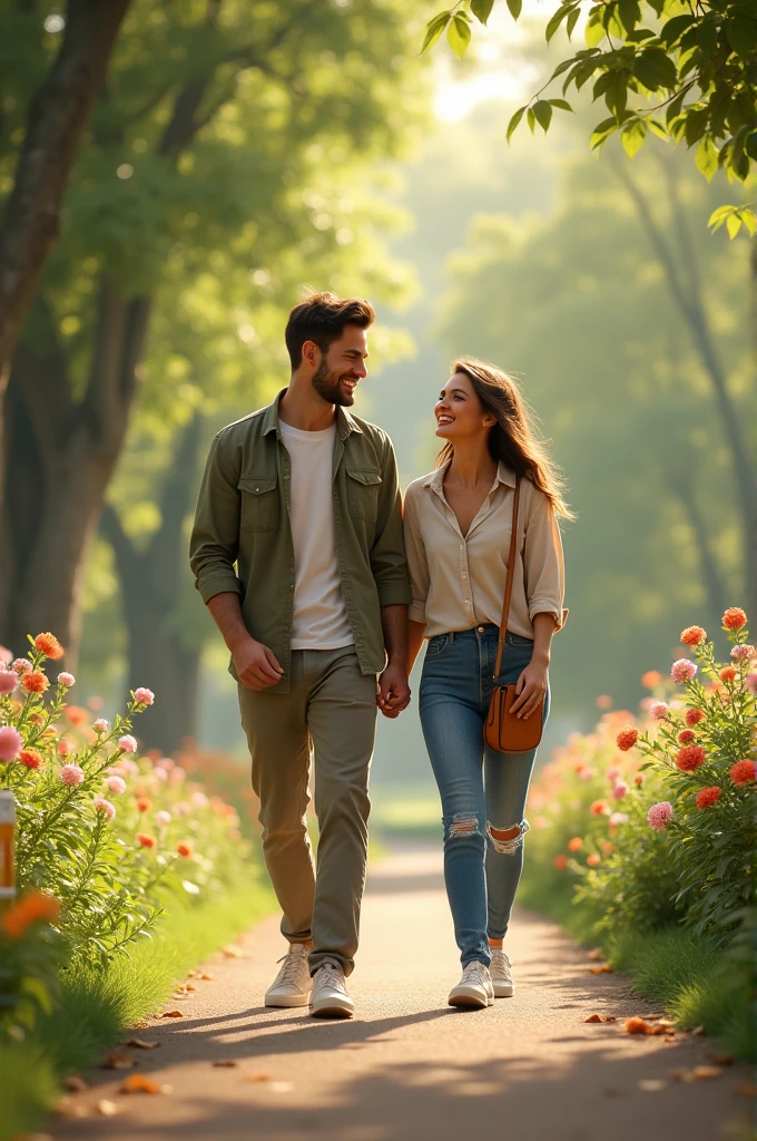 A happy couple walking hand-in-hand in a beautiful park, laughing together.*
