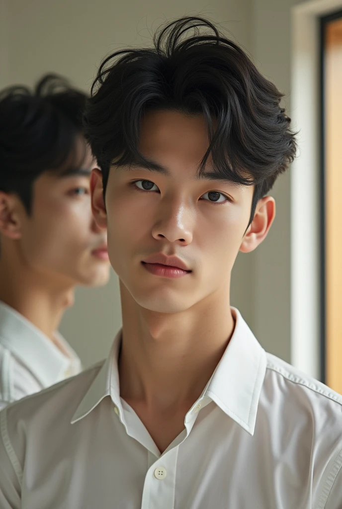 A handsome Japanese high school student takes a selfie in front of a mirror. He is handsome and has his hair swept to the side.