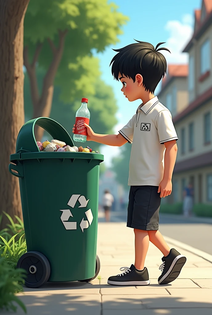 Nico boy ( Brown eyes, black hair and white skin, He is wearing a white polo shirt, black shorts and black sneakers, without stockings) Walk to a recycling bin and place the bottle inside..