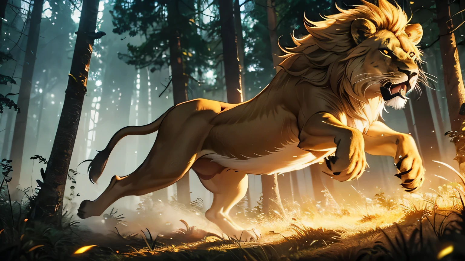 motion scene, lion in forest leaping to attack, glowing yellow eyes, glowing eyes, sharp fangs, moody lighting, hyper realistic, cinematic lighting, intricate details, 8k, high quality, photorealistic, dramatic, powerful, majestic