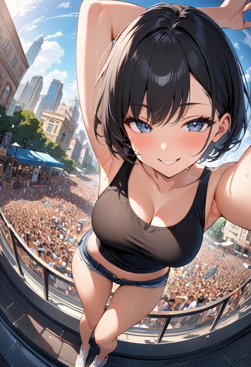 {best quality}, {very aesthetic}, {ultra-detailed}, {best illustration}, {face and armpit focus}, 1 woman, dynamic angle, selfie of armpit, Viewed through a fisheye lens, the scene is distorted with a wide-angle perspective, full body, crowd, {extra close up of armpit}, arms up, portrait, close mouth, black hair, short hair, naughty face, seductive smile, micro shorts, tank top, one arm behind head, middle breasts , black tank top, detailed armpit, sweat, cheeky, summer, city