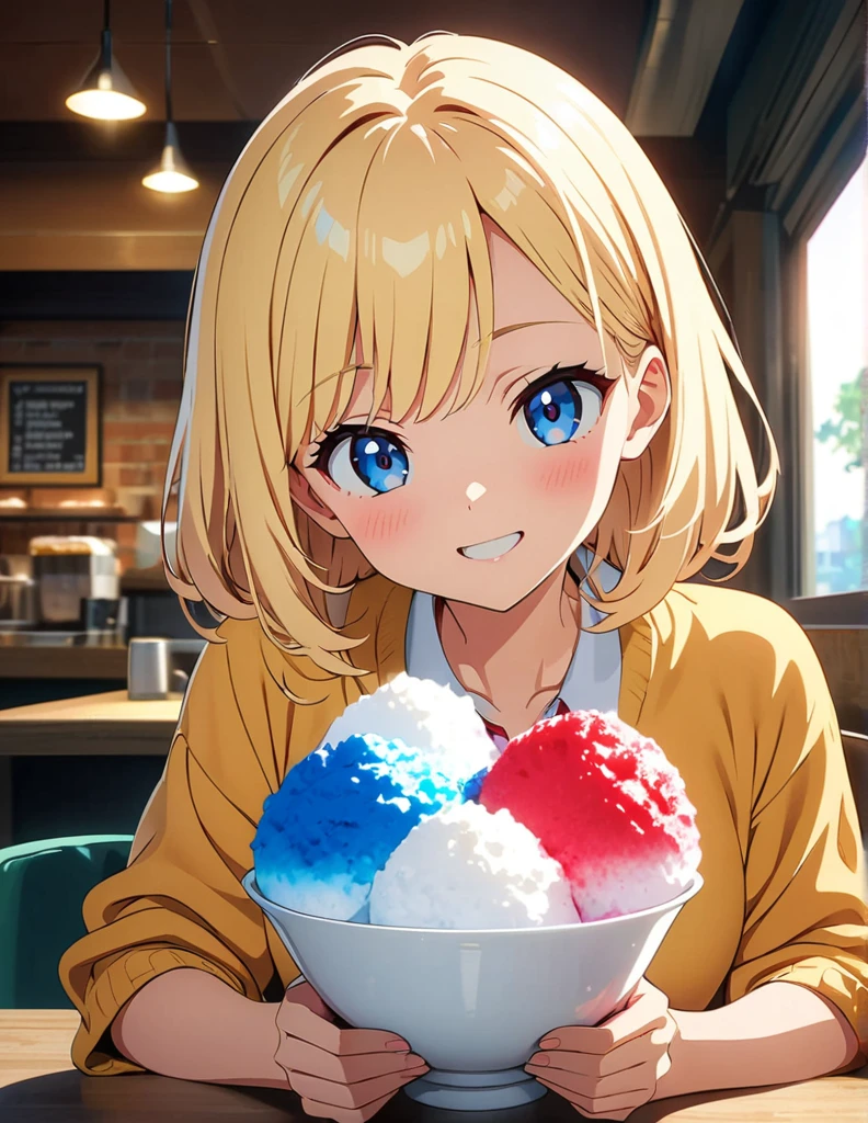(anime artwork, anime style, studio anime, very detailed, up to date, vibrant, Anime Coloring, high contrast, masterpiece:1.2, best quality, best aesthetics),2 girl,Best quality,light smile,{{incoming_shaved ice}}, {{feeding}}, holding_spoon, foreshortening,{{blurry_foreground}}, blush, open mouth, head_tilt, perfect anatomy,cafe, 