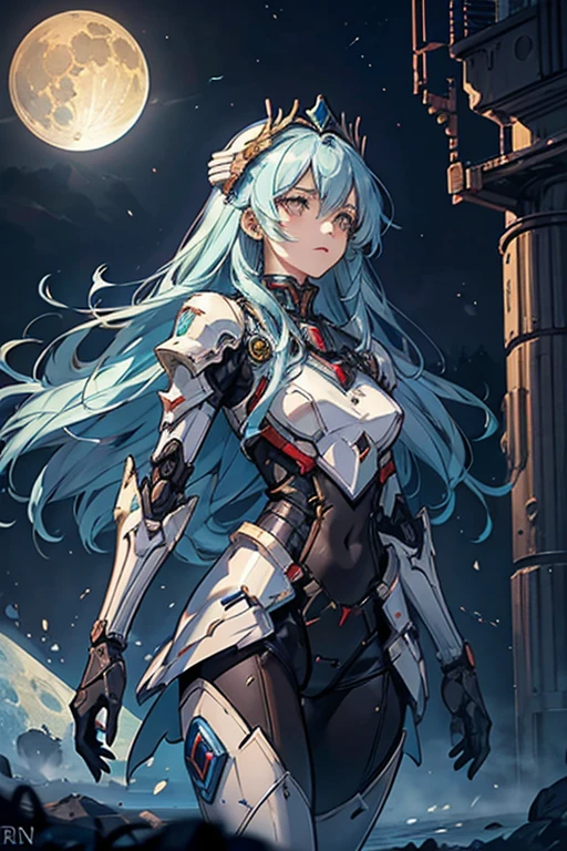(Ranni the Lunar Princess) from the game Elden Ring should have their outfit changed to a mecha pilot style while retaining their original appearance. Their signature robot should be positioned behind them.