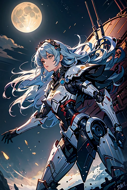 (Ranni the Lunar Princess) from the game Elden Ring should have their outfit changed to a mecha pilot style while retaining their original appearance. Their signature robot should be positioned behind them.
