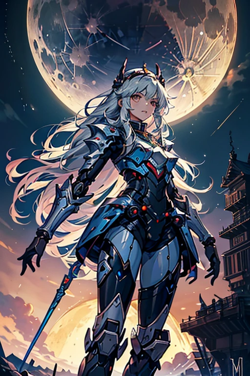 (Ranni the Lunar Princess) from the game Elden Ring should have their outfit changed to a mecha pilot style while retaining their original appearance. Their signature robot should be positioned behind them.
