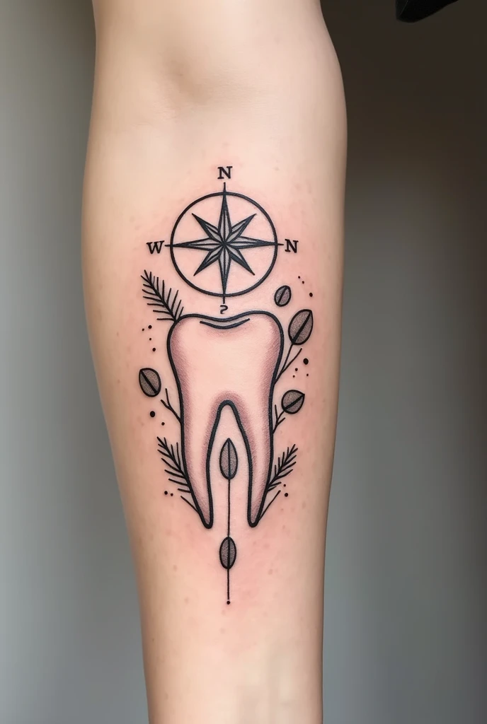 Minimalist tooth tattoo, coffee beans in fine lines, on a Viking compass and the date March 24, 2023