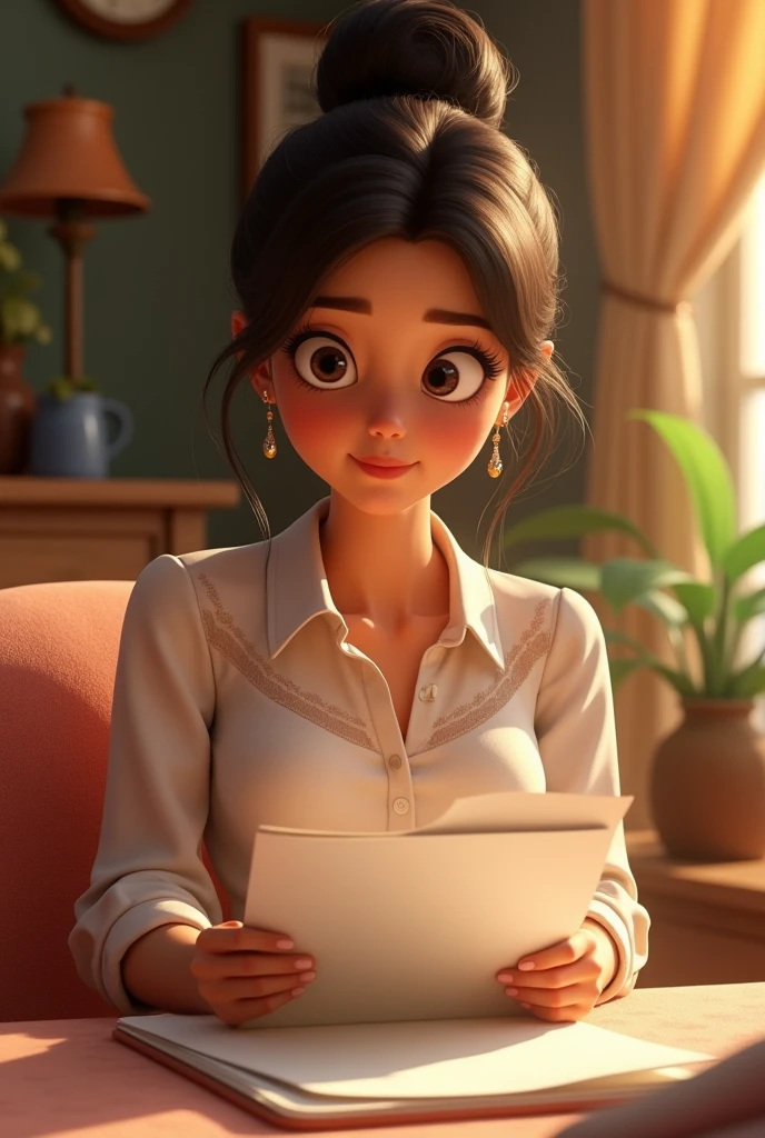 A beautiful wife reading a document at home ,3d , pixar disney style, cinematic masterpiece, aesthetic