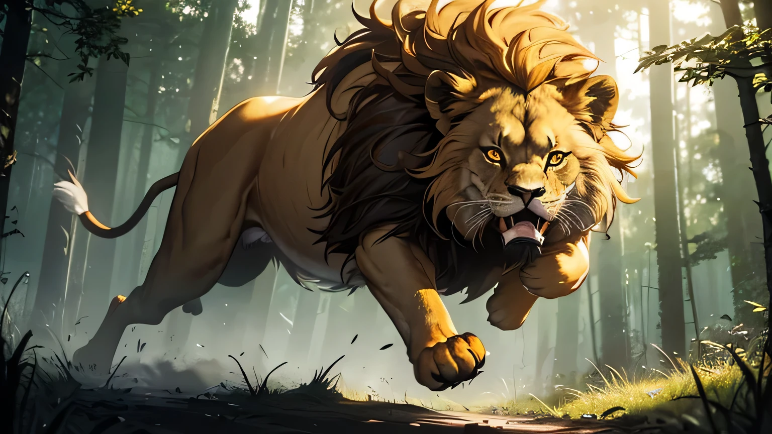 motion scene, lion in forest leaping to attack, glowing yellow eyes, glowing eyes, sharp fangs, moody lighting, hyper realistic, cinematic lighting, intricate details, 8k, high quality, photorealistic, dramatic, powerful, majestic