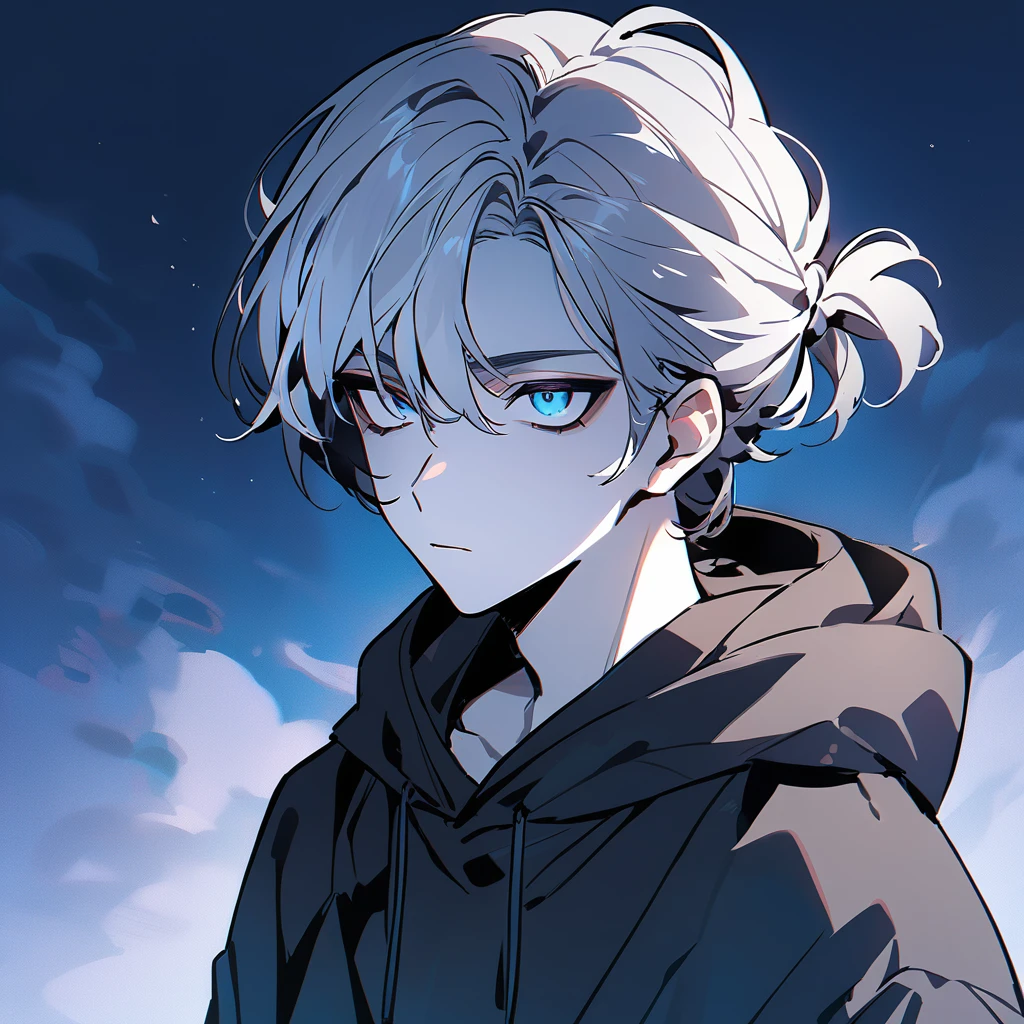 Man with shoulder-length white-gray hair in a mallow hairstyle, blue tired eyes, pale skin, wearing a black hoodie