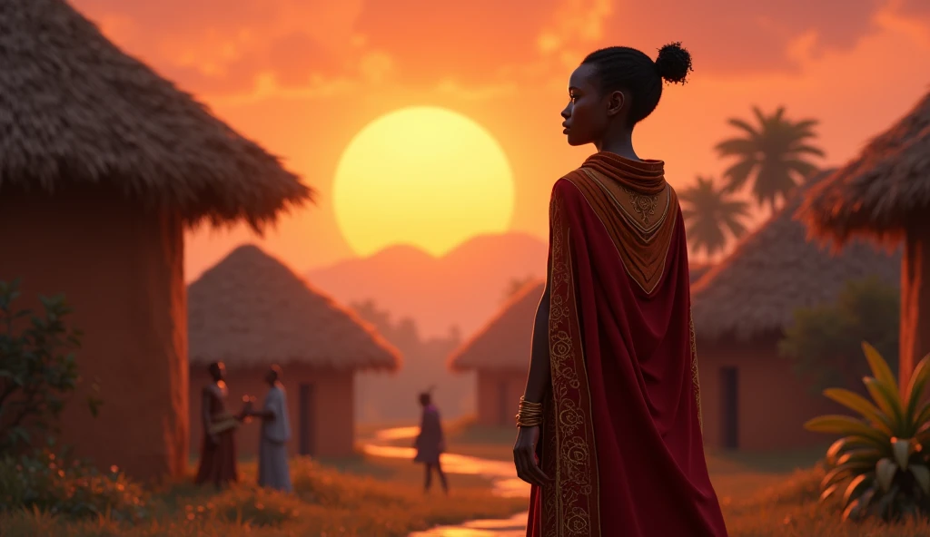 (African folktale) mandla the young prince his expression a mix of determination and pride.
He is dressed in rich, vibrant robes that signify his royal heritage.
One evening, as the sun dipped below the horizon and the village was bathed in the glow of twilight, Mandla approached his father.