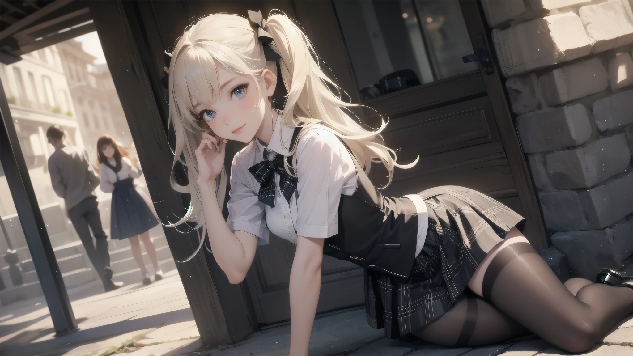 absurdres, absolutely resolution, incredibly absurdres, high res, high sharpness, ultra detailed, official art, unity 8k wallpaper,  clear shadows
BREAK
1 girl, soro, twintails, bow, cardigan vest, short sleeve shirt, plaid skirt, over black legwear, loafers, smile, Sexual girl, Dressy styles that are glamorous and pretty, with an emphasis on cuteness,  pop designs