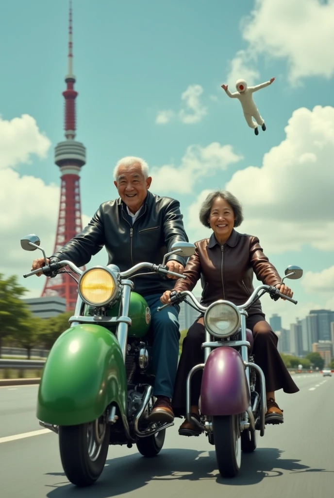 black leather jacket, ghosts of Japanese grandfather and grandmother wearing leather jackets, old man riding a large bike shaped like a cucumber and an old lady riding a sidecar shaped like an eggplant, large motorcycle flies in the sky with Tokyo Tower in the background, two smiling people,