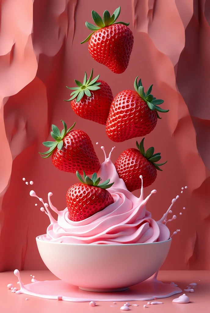 Several large strawberries fell into a bowl of pink ice cream，Ice cream splash,,  ,GEOMETRIC WALL PORTRAIT, Artistically, Red Cliff,yang08k, , dyeing,