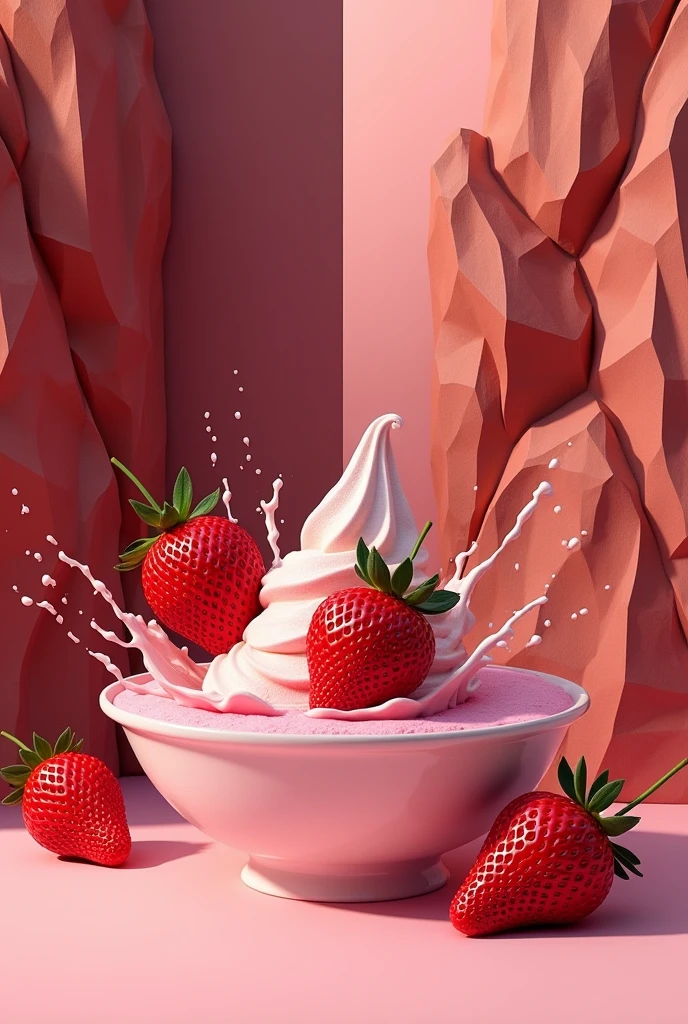 Several large strawberries fell into a bowl of pink ice cream,Ice cream splash,, ,GEOMETRIC WALL PORTRAIT, Artistically, Red Cliff,yang08k, , dyeing,