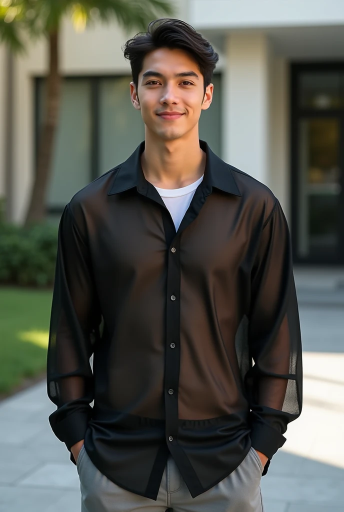 GU's easy care sheer oversized(black)Handsome male college student wearing