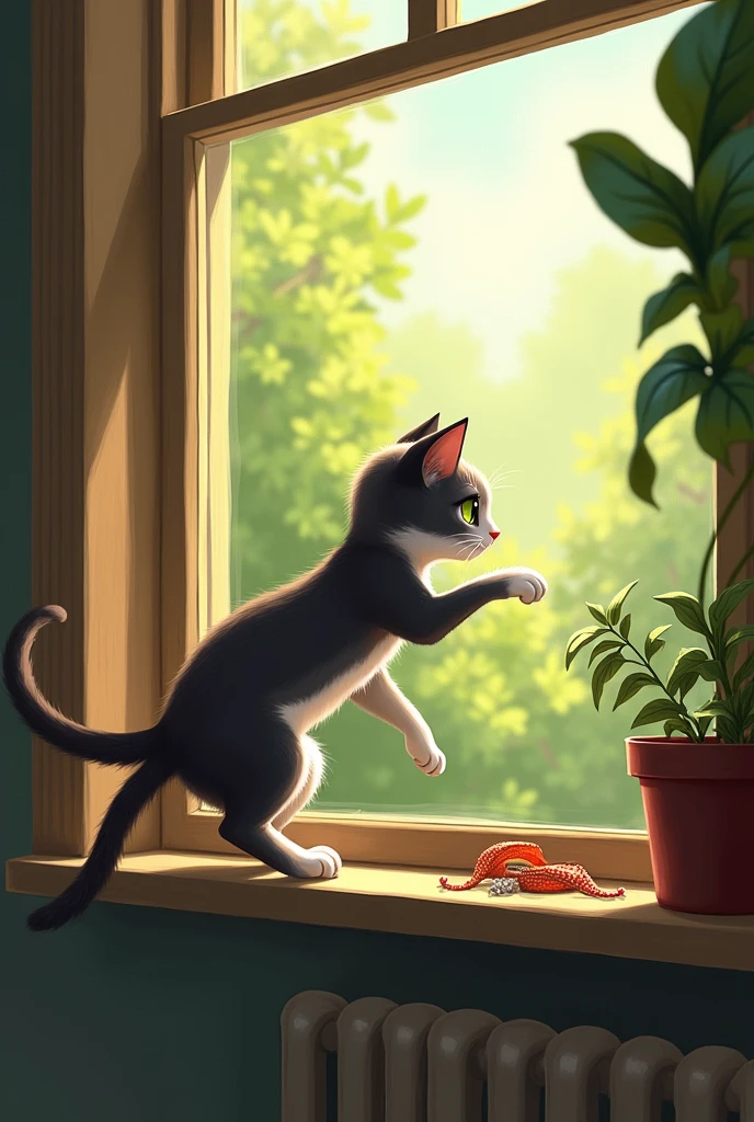 Just as she was about to bat the bracelet off the sill, Whiskers heard a rustling noise coming from the garden. Intrigued, she leaped down and trotted outside to investigate."