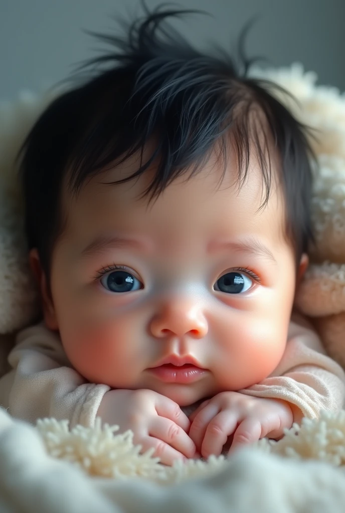 newborn baby, , WITH BLACK HAIR WITH BANGS, dark blue eyes a little slanted.