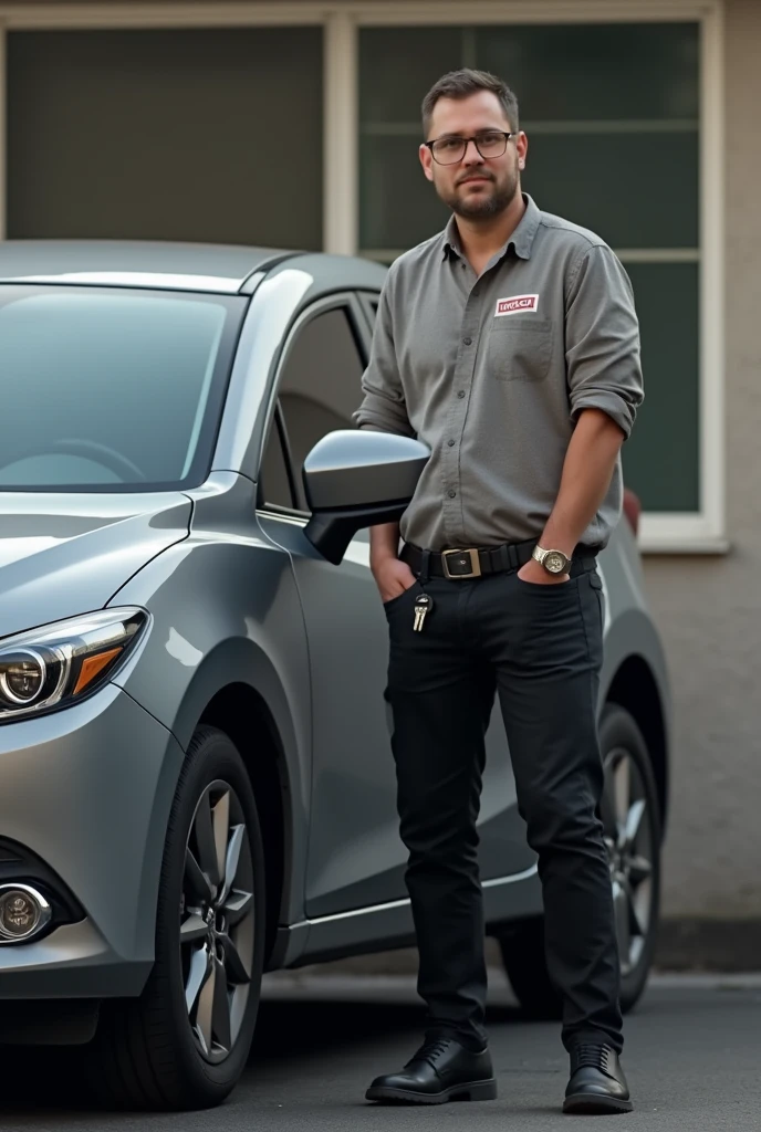 A man is have a car on back color gray and it's mazda and he wear a shirt of have a logo "MOSAIC" then his pants is black and he have a key car on pants 