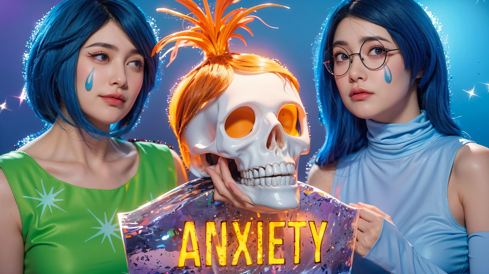 This image strikingly visualizes the concept of anxiety with vivid, creative elements. Two women, each with bright blue hair and tear-shaped beads on their cheeks, symbolize the emotional burden of anxiety. The woman on the left wears a simple green dress, while the one on the right is dressed in a sophisticated blue outfit, suggesting diverse impacts across different individuals. Central to the composition is a white skull with wild, fiery orange hair, vividly embodying the internal and often hidden nature of anxiety. The word "ANXIETY" is emblazoned across a stone slab held by the skull in glowing, molten letters, emphasizing its consuming presence. The background of radiant blue and purple hues, adorned with sparkling effects, contrasts sharply with the serious theme, perhaps illustrating the deceptive outer calm that masks inner turmoil. This surreal representation combines elements of the macabre with a playful twist, creating a visually intriguing and slightly whimsical piece.The purple background complements the costume, creating a vibrant and engaging scene. (glossy plastic texture with multiple big light probe refractions), perfect cgi, smooth silhouette, high intensity refraction, (super glossy plastic material), most beautiful vfx, , realistic, 4k, high resolution, rim light, smooth 3d model, multiple light sources, rim light, sharp post effects render,, realistic, 4k, high resolution, rim light detailed digital art, reflective, best quality, 4k, masterpiece:1.2, ultra-detailed, realistic, vivid colors, The image of the highest quality, ensuring every detail showcased perfectly. It in 4k resolution, allowing viewers to immerse themselves in the richness of the colors and intricate details. The realistic rendering. under the spotlight, reflecting, high-resolution image, realistic rendering