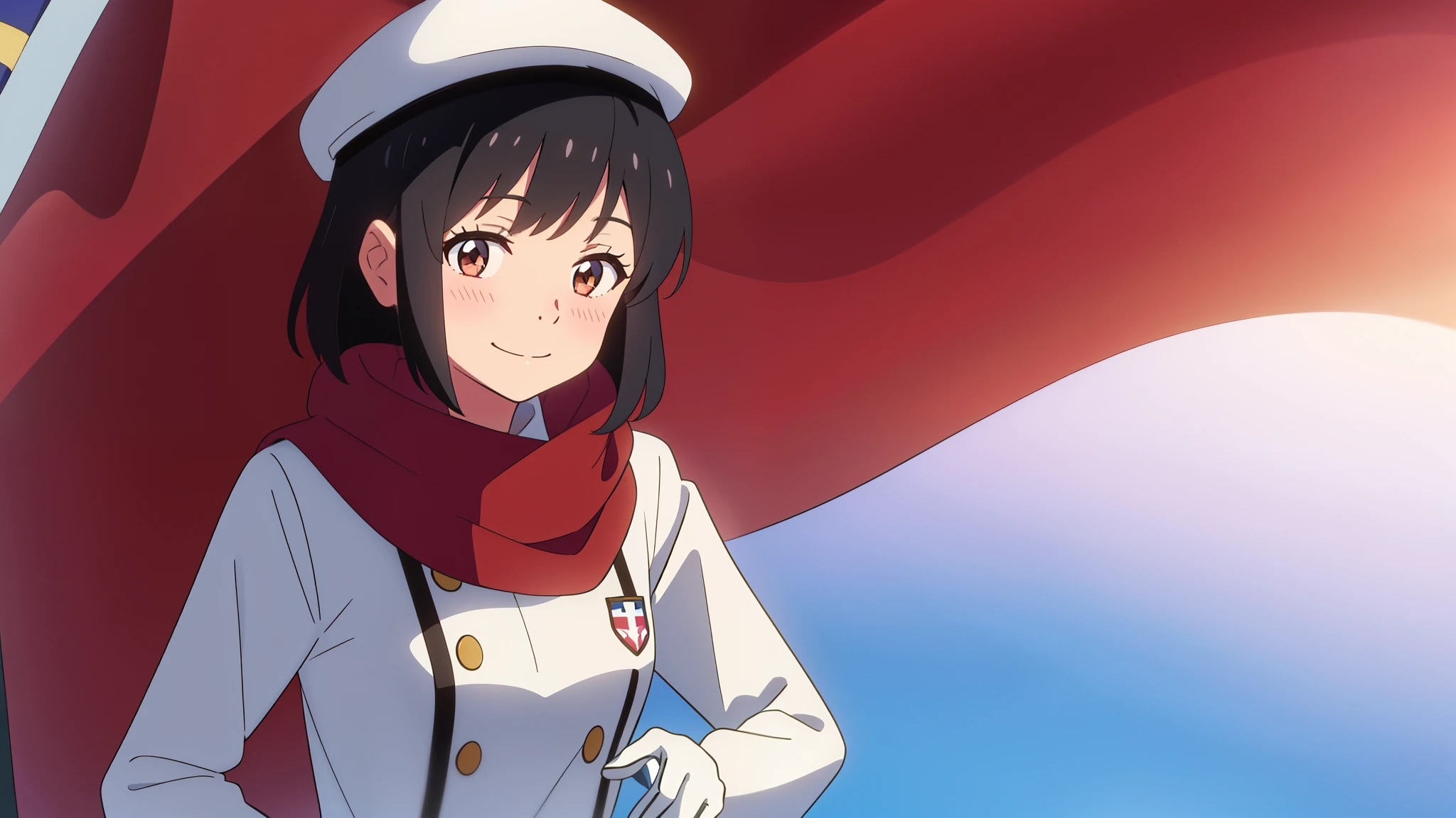 shinkai makoto, kimi no na wa., 1girl, solo, bangs, black hair, brown eyes, short hair, cute, smile, blush, The flag-raising outfit, black cap, white shirt, white skirt, long sleeves, white gloves, red scarf, looking at the viewer, red white flag background, (masterpiece), best quality