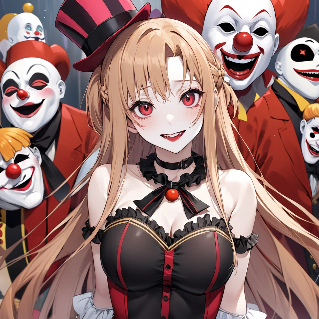 ((Highest quality)), ((masterpiece)), (detailed), （Perfect Face）、((The woman is Yuuki Asuna, with light brown, medium-long hair, pure white skin, and a creepy clown mask.))、The woman is an evil clown wearing a risque black rubber V-neck leotard, long black rubber boots, long black rubber gloves, lots of frills and clown decorations, a clown collar, a clown jester hat, a swallowtail skirt, and makeup on her clown face and red nose.、The woman is a wicked and lewd clown, a minion of an evil organization.、The woman is married to the ringmaster of an evil circus.