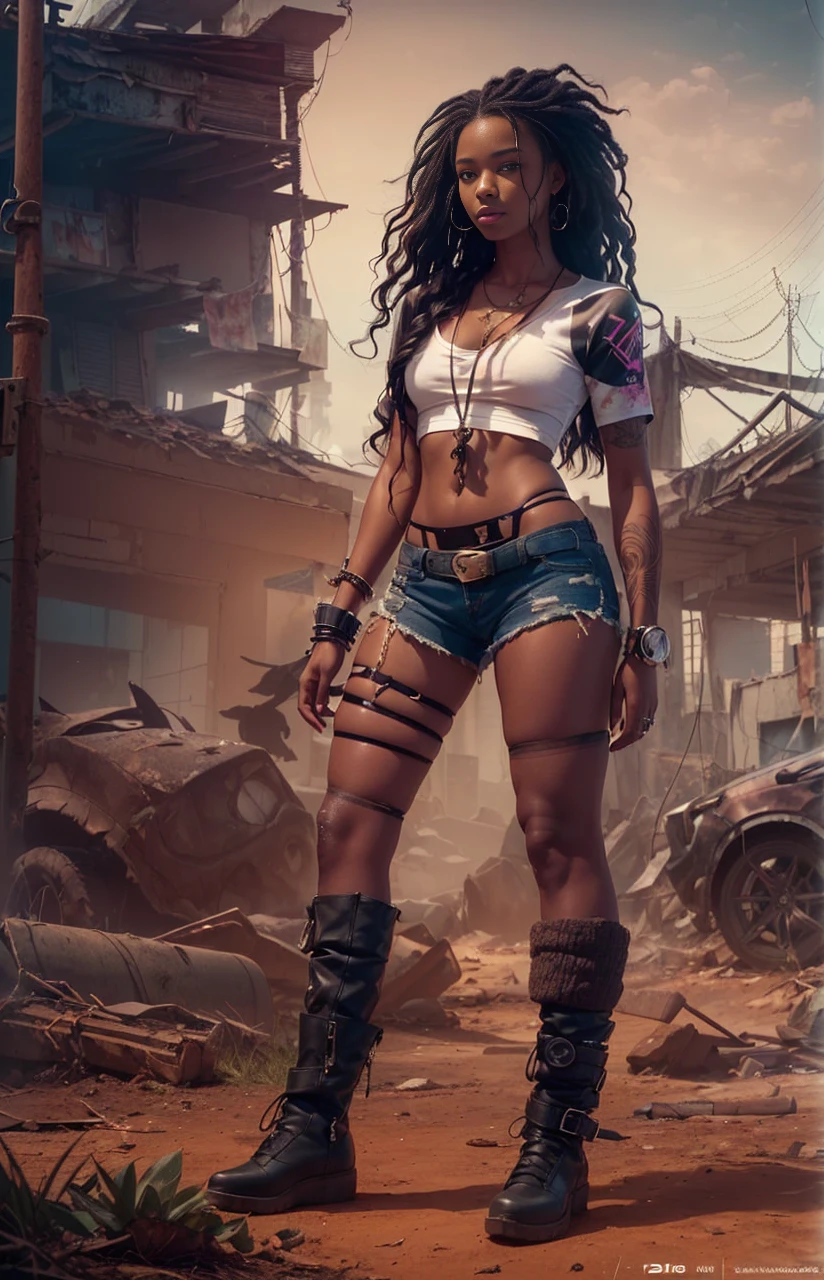 full body nude ((21 years))) black girl, (((skin fair))), (((close-up full body pose))), (((long wavy black hair))), (((silk tights with tiny shorts))), (((wearing post-apocalyptic clothes, shirt white short-sleeved, unbuttoned halfway))), african tribal tattoo sleeve, dark fantasy art, rico, deep colors, (details Intricate:0.9), (HDR, Hyper-detail:1.2), (natural skin textures, hyperrealisti, smooth light, Spitz),