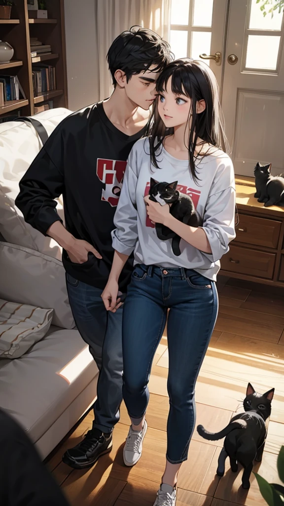 college student couple,Still face, black hair, Multiple cats,Carrying a cat, living room