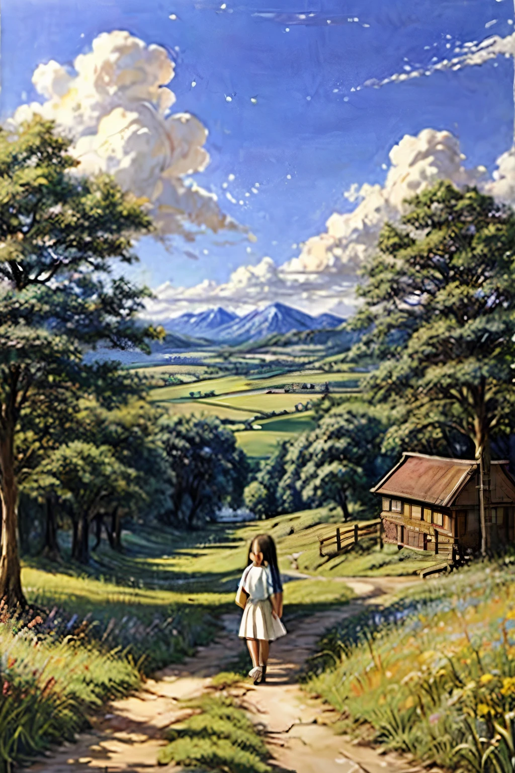 Realistic, real, beautiful and stunning landscape oil painting Studio Ghibli Hayao Miyazaki Petals Grassland Blue Sky Grassland Country Road,building, beautiful girl