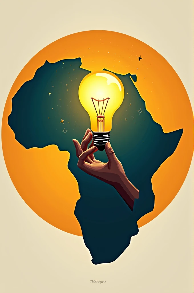 Une illustration de la carte de l'Afrique entourée d'un cercle.
A l'intérieur de la carte une main tenant une ampoule avec de la lumière et des étincelles en petits points.
La main ne doit pas sortir de la carte