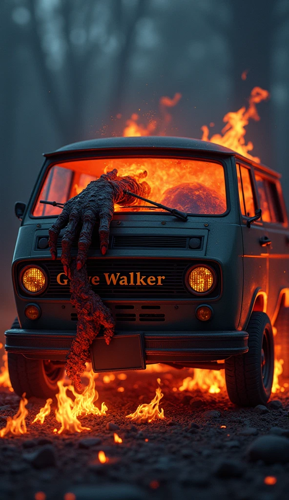 There is a horror title "Grave Walker" written on coffin. There is night background and the magical coffin is placed in the van. Tires of the van is on fire. There is a burned hand of a witch at the coffin and horror nails of the hand is scratching the coffin. A 3D, Aesthetic,horror fantasy poster. The title "Grave Walker" is clearly visible on the coffin