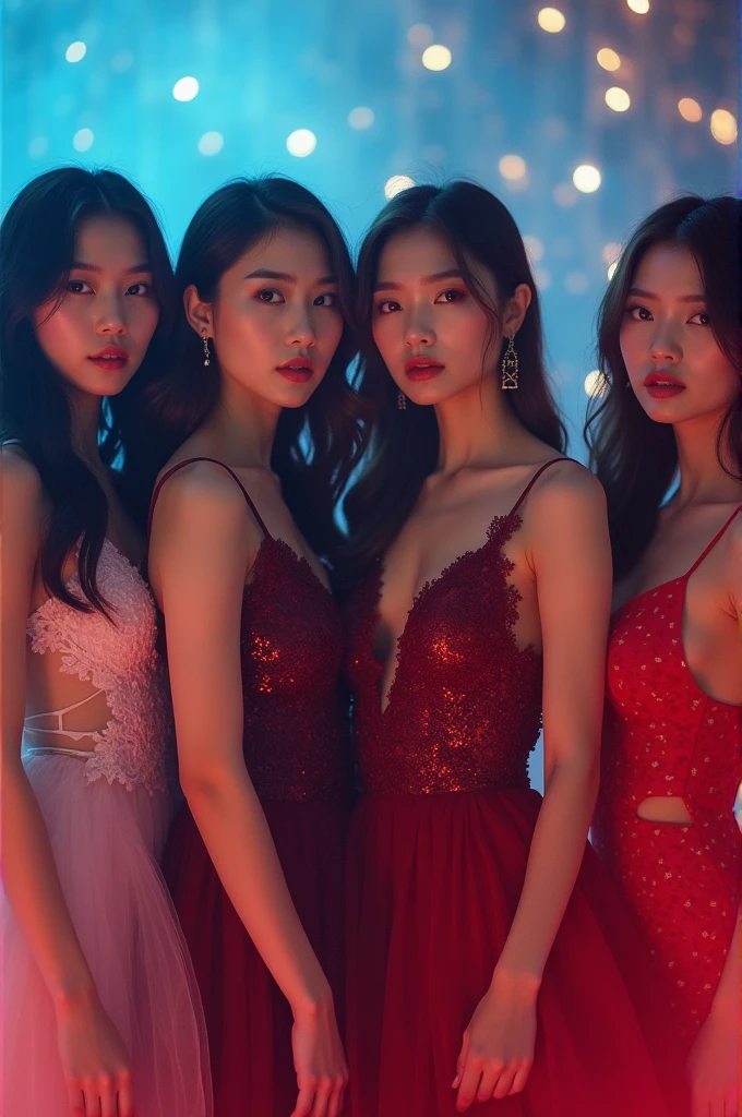 I'm taking photos for a new concept album. Create a girl group concept photo with the "Red Velvet" style that is somewhat magical, mysterious and attractive