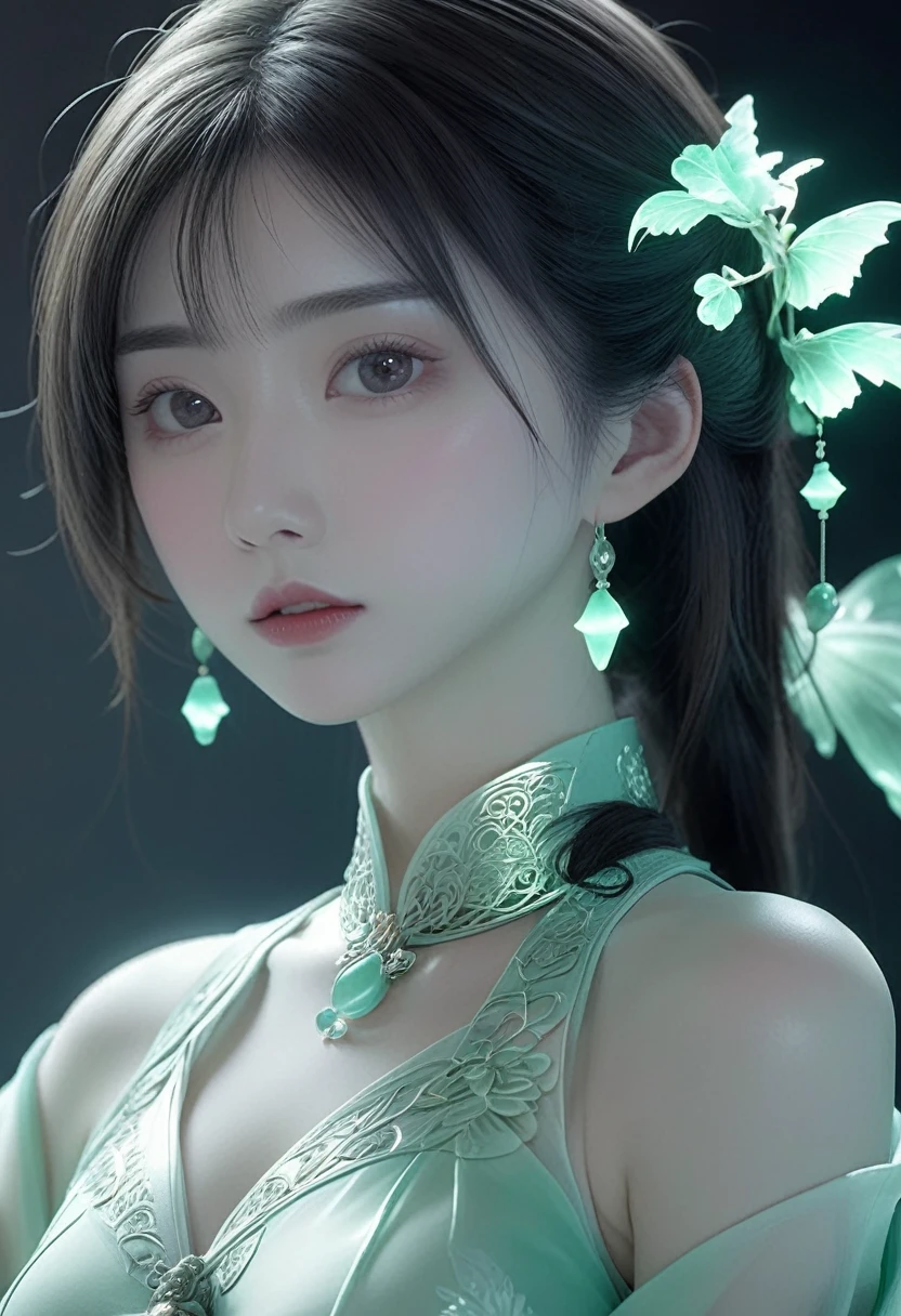 Jade fragment，luminescent，1 girl，。(best quality,4K,8K,high resolution,masterpiece:1.2), (Practical,Reality,Photo-real:1.37).，shining，Beautifully，monster，Unreal Engine 5，texture，Three-dimensional figures wearing Hanfu,Minimalism and abstract illustration, Chinese ink painting style, Chinese rice paper texture, Light penetrates the air, Fractal effect, Phosphorescent scene effects
